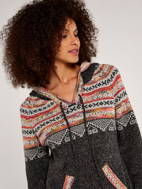 Aztec Knitted Hoodie, Grey, large
