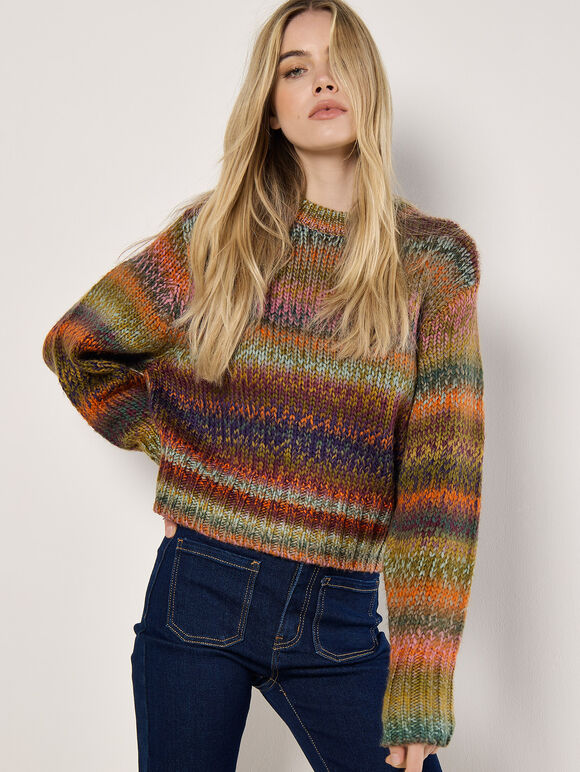 Chunky Knit Tonal Stripe Jumper, Orange, large
