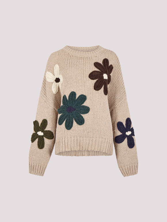 Embroidered Flower Jumper, Stone, large