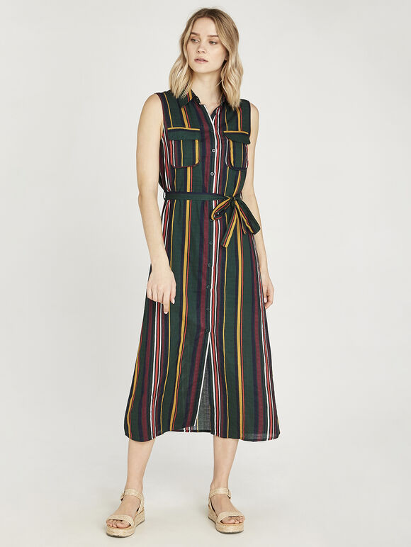 Vertical Stripe Shirt Maxi Dress, Green, large
