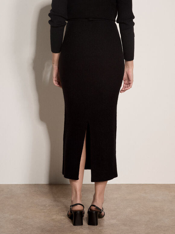 Ribbed Knit Midi Pencil Skirt, Black, large