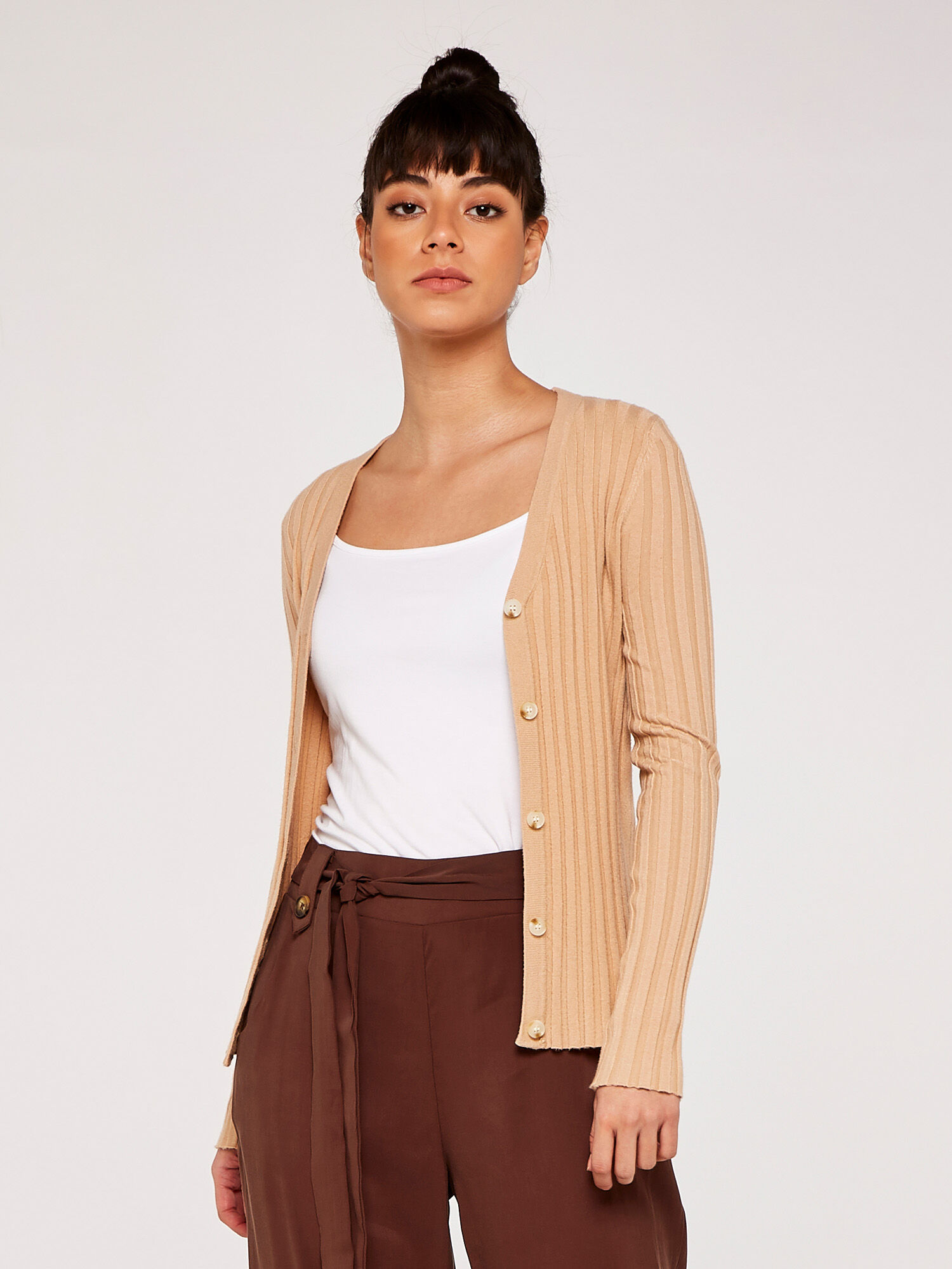 Ribbed Button Down Cardigan Apricot Clothing