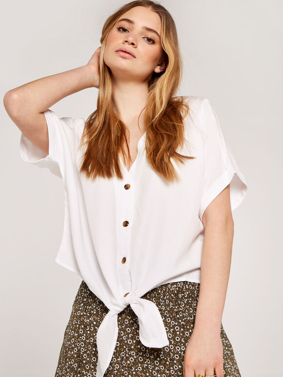 Button Tie Front Top, White, large
