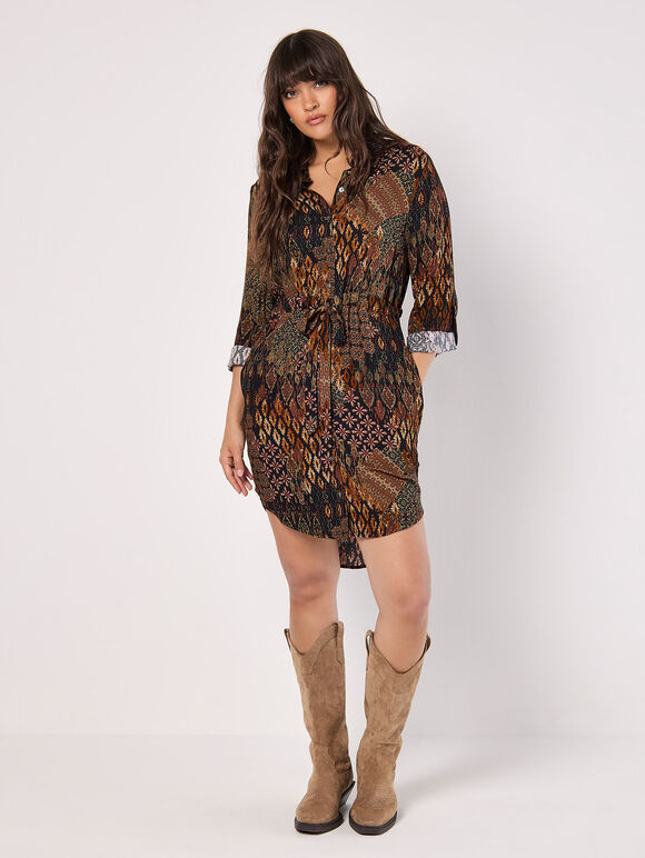 Patchwork Ikat Shirt Mini Dress, Black, large