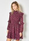 Ditsy Floral Chiffon Tiered Mini Dress, Burgundy, large
