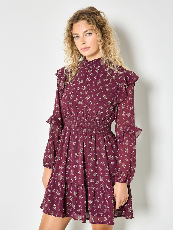 Ditsy Floral Chiffon Tiered Mini Dress, Burgundy, large