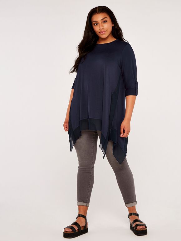 Curve Waterfall Hem Roll Sleeve Top, Navy, large