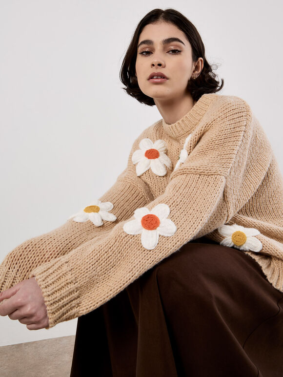 Embroidered Daisy Jumper, Stone, large