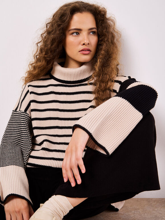 Mixed Stripe Oversized Chunky Jumper, Stone, large