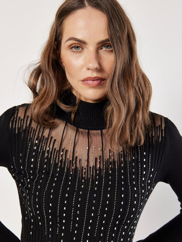 Gemstone Mesh Ribbed Jumper, Black, large
