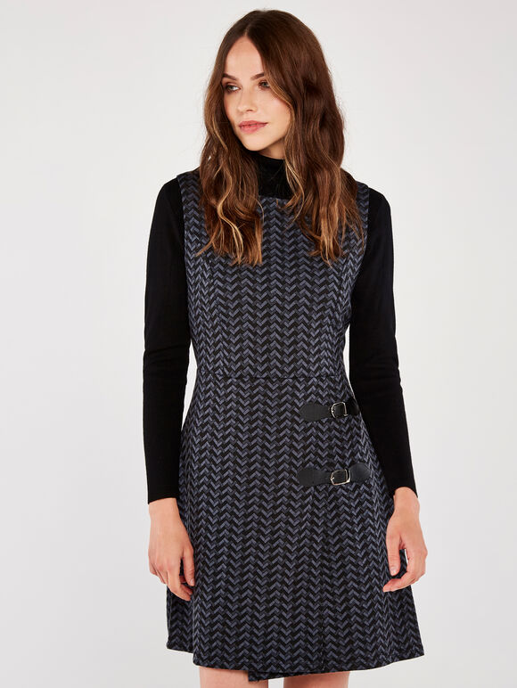 Herringbone 2 Buckle Wrap Dress, Black, large