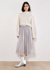 Stud Metallic Shimmer Mesh Midi Skirt, Silver, large