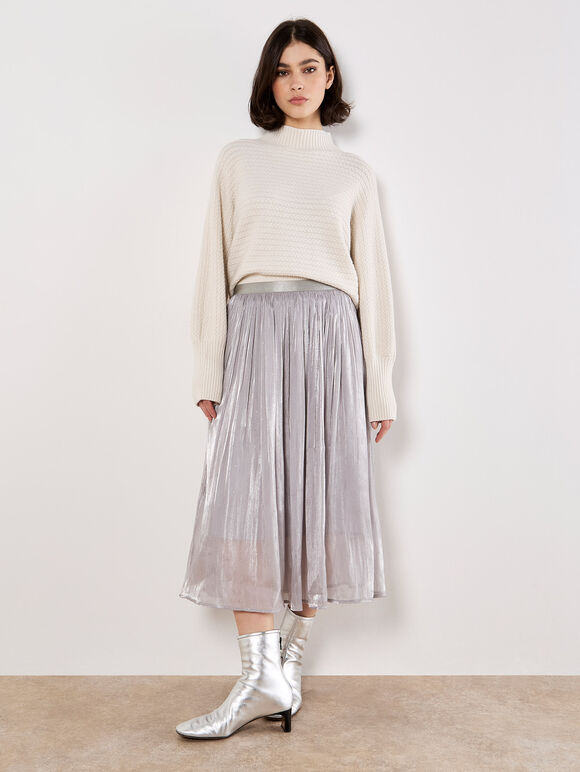 Stud Metallic Shimmer Mesh Midi Skirt, Silver, large