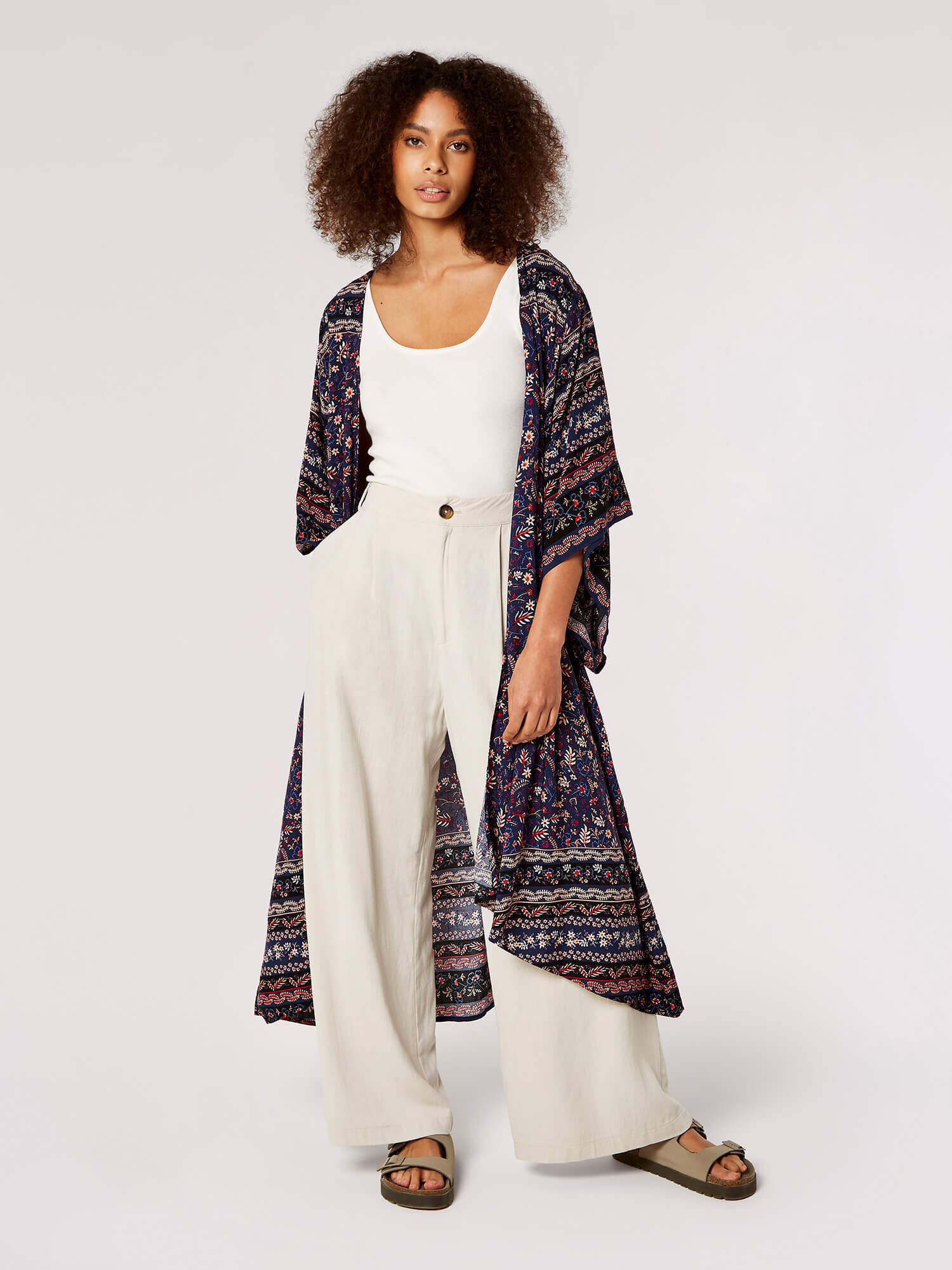 Folk Floral Longline Kimono Apricot Clothing
