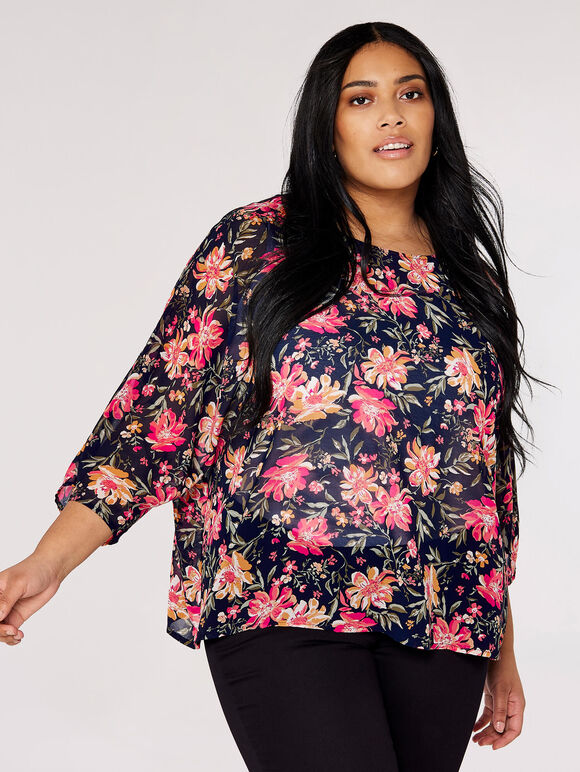 Curve Vintage Floral Top, Navy, large