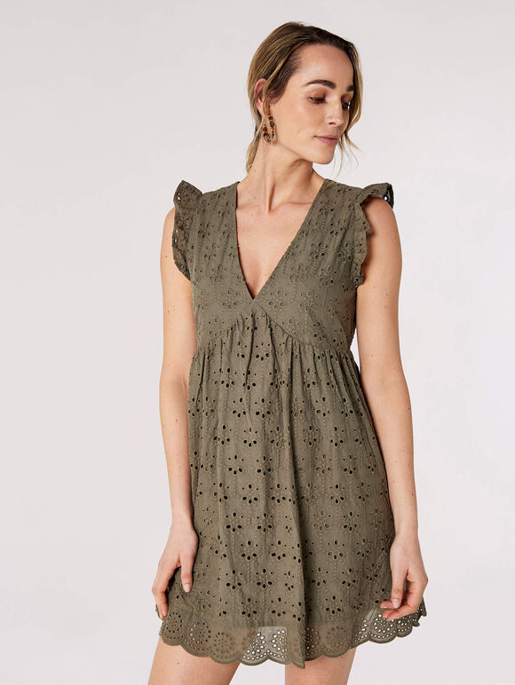 V-Neck Anglaise Mini Dress, Khaki, large