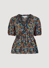 Watercolour Floral Ruffle Top, Navy, large