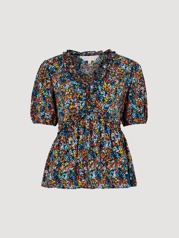 Watercolour Floral Ruffle Top, Navy, large