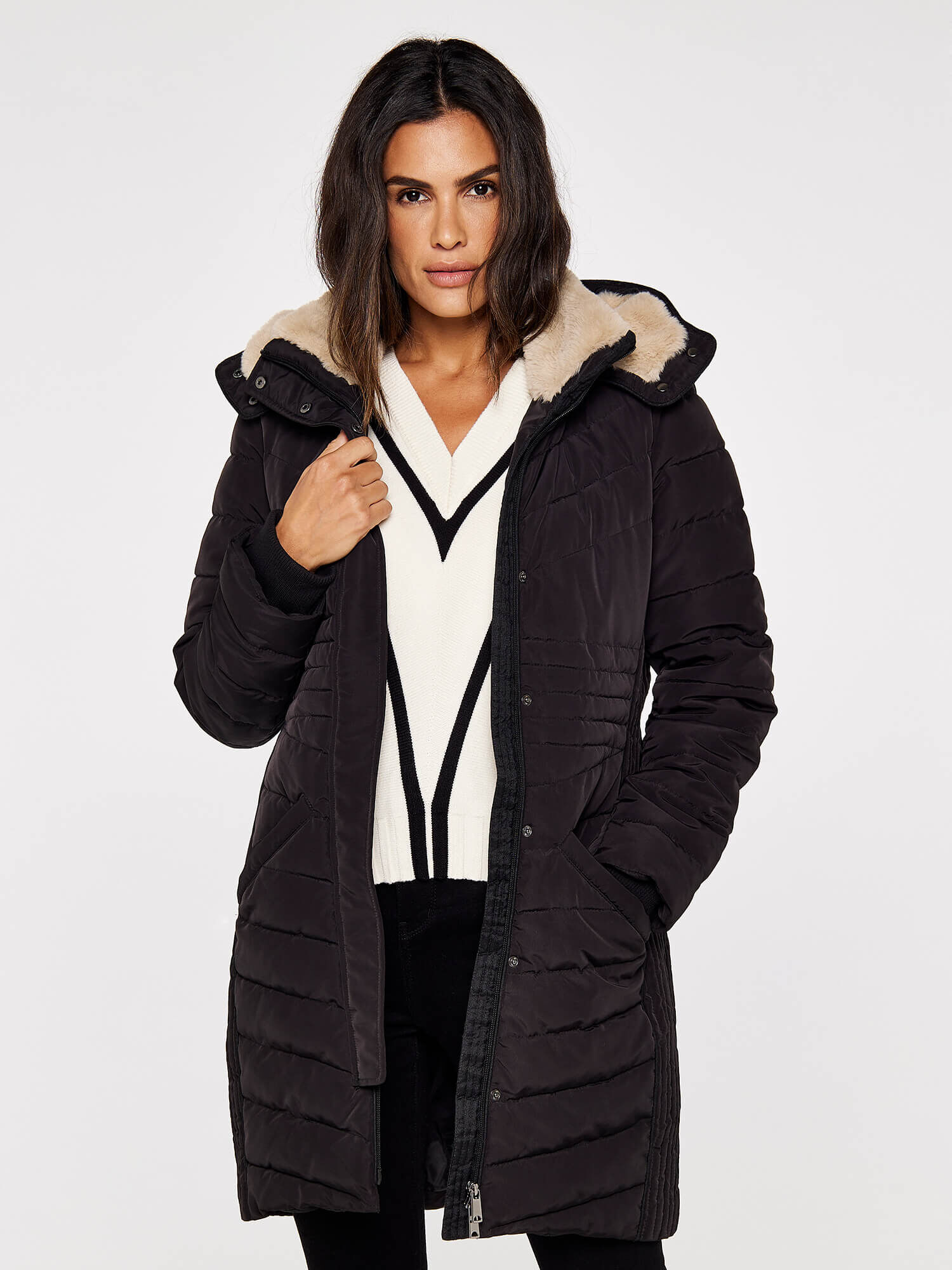 Long black puffer store coat with belt