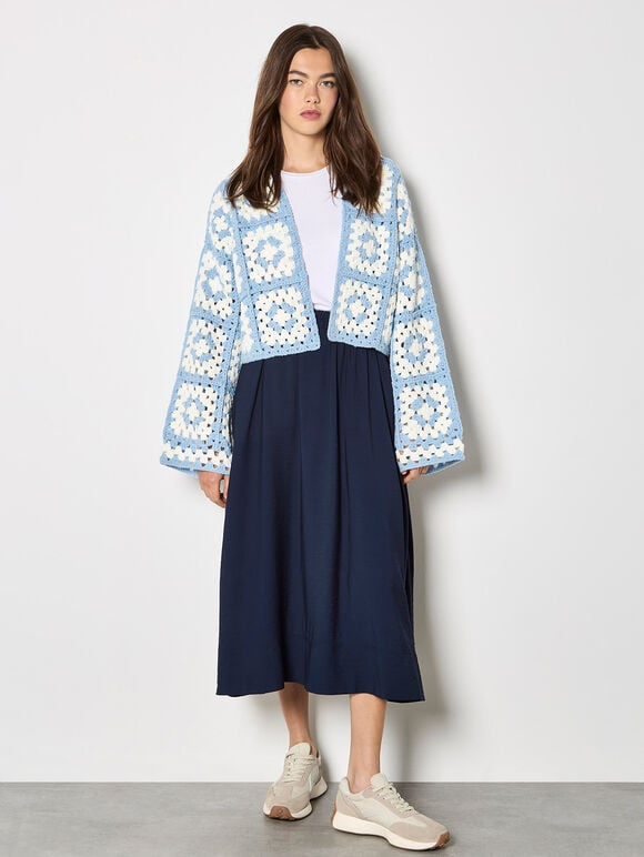 Hand-Knit Crochet Squares Cardigan, Blue, large
