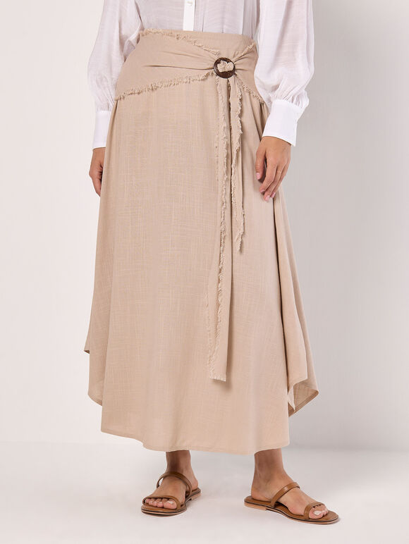 Linen Blend Hanky Hem Midi Skirt, Stone, large