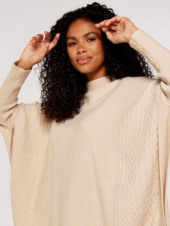Oversized Knitted Panel Jumper, Stone, large