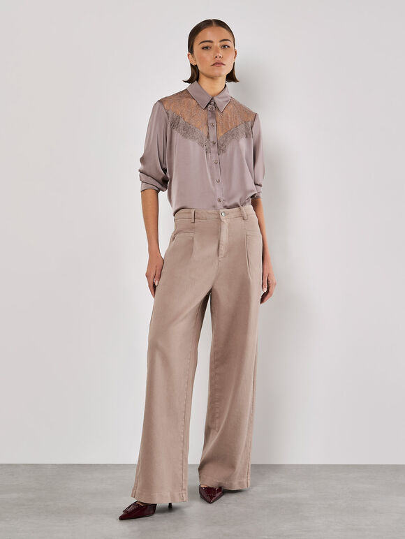 Lace Insert Oversized Satin Shirt, Grey, large