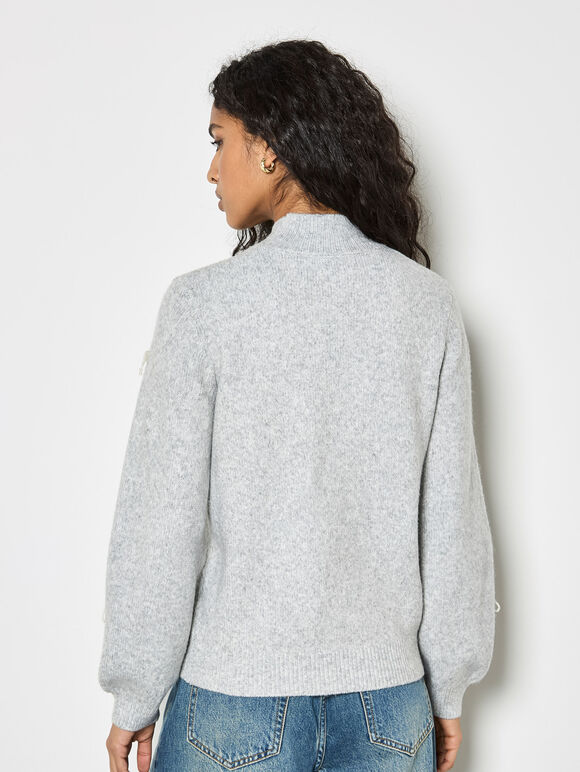 Pearl Bow Embellished Jumper, Grey, large
