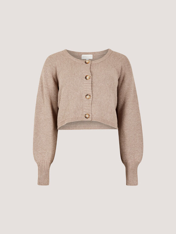 Ribbed Knit Cropped Cardigan, Brown, large