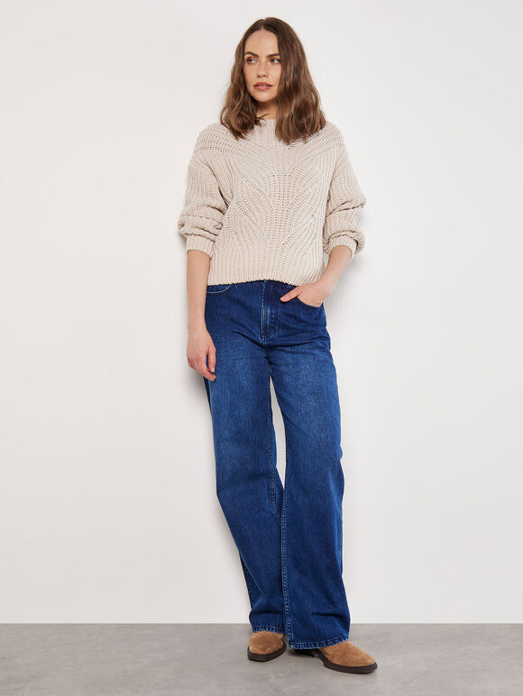 Chunky Cable Knit Jumper, Stone, large