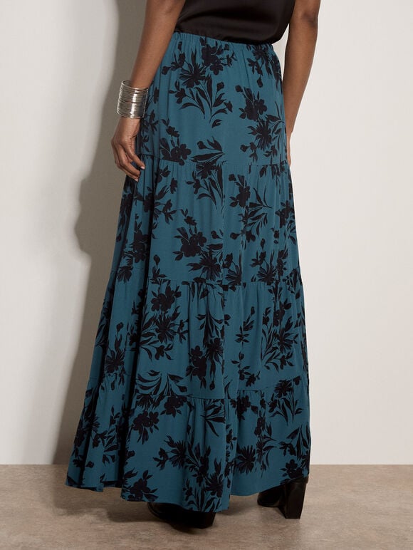 Floral Silhouette Crepe Maxi Skirt, Teal, large