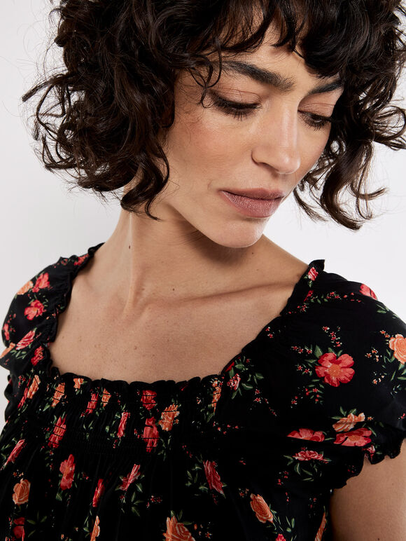 Vintage Rose Milkmaid Midi Dress, Black, large