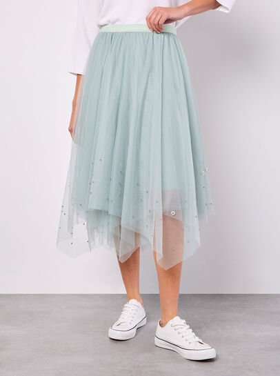 Pearl Embellished Tulle Midi Skirt