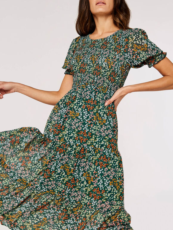 Ditsy Spray Midi Dress, Green, large