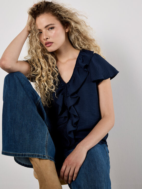 Ruffle Front Woven Top, Navy, large
