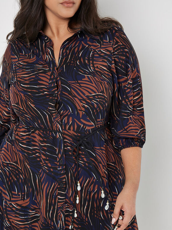Curve Abstract Swirl Shirt Midi Dress, Navy, large