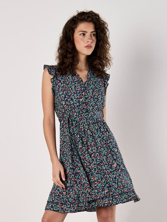 Ruffle Floral Mini Dress, Navy, large