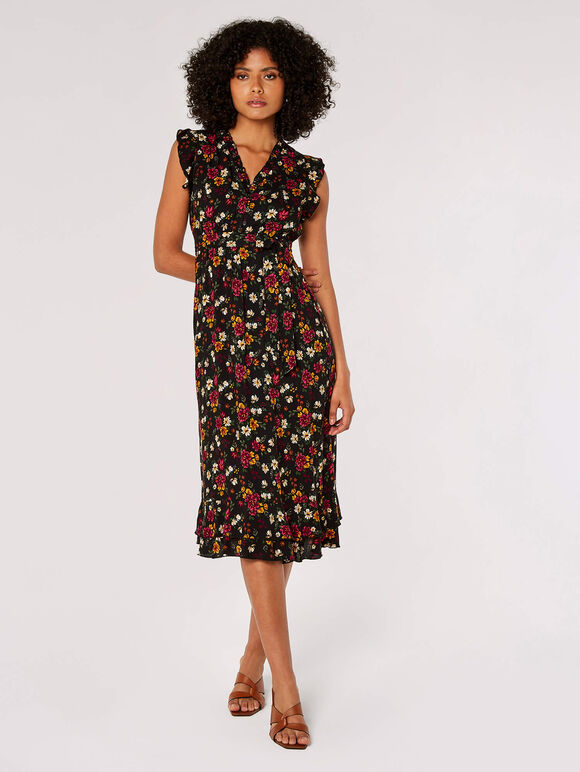 Painterly Floral Midi Dress, Black, large
