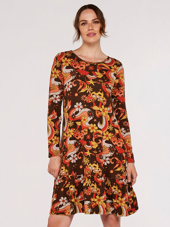 Mushroom Swing Dress, Brown, large