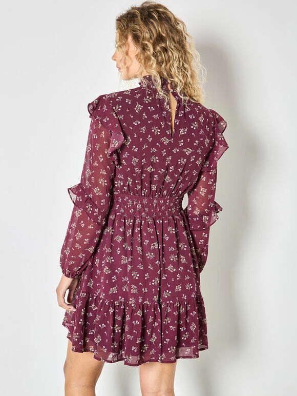 Ditsy Floral Chiffon Tiered Mini Dress, Burgundy, large