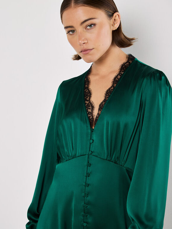 Lace Trim Satin Midi Dress, Green, large