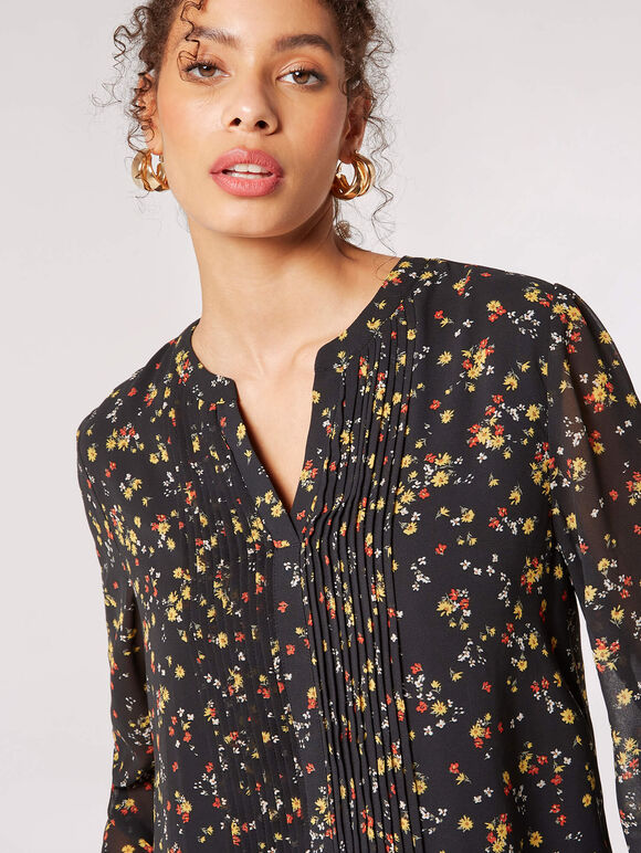 Vintage Floral Pintuck Pleat Blouse , Black, large