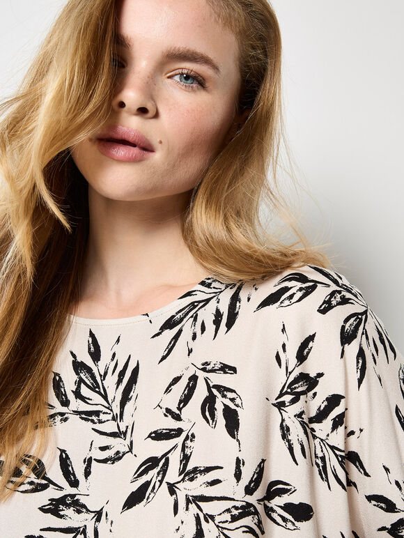 Leaf Print Woven T-Shirt, Stone, large