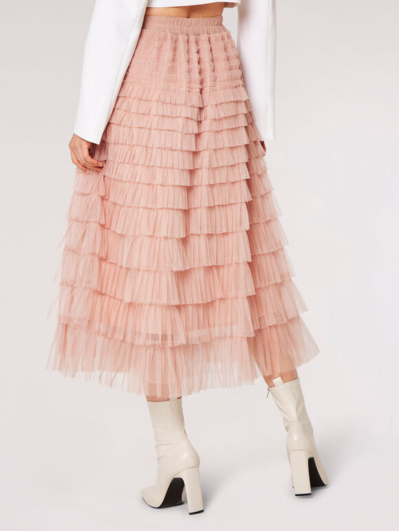 Tulle Tiered Ruffle Midi Skirt, Pink, large