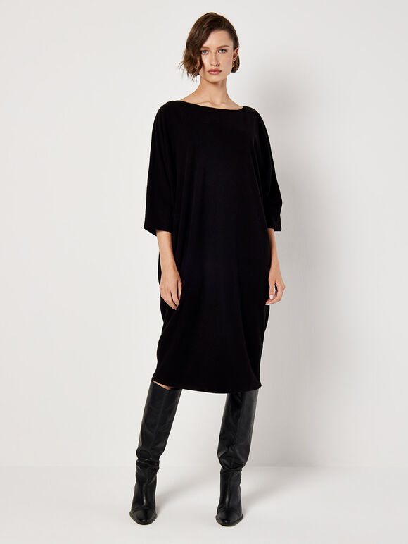 Ribbed Knit Cocoon Midi Dress, Black, large
