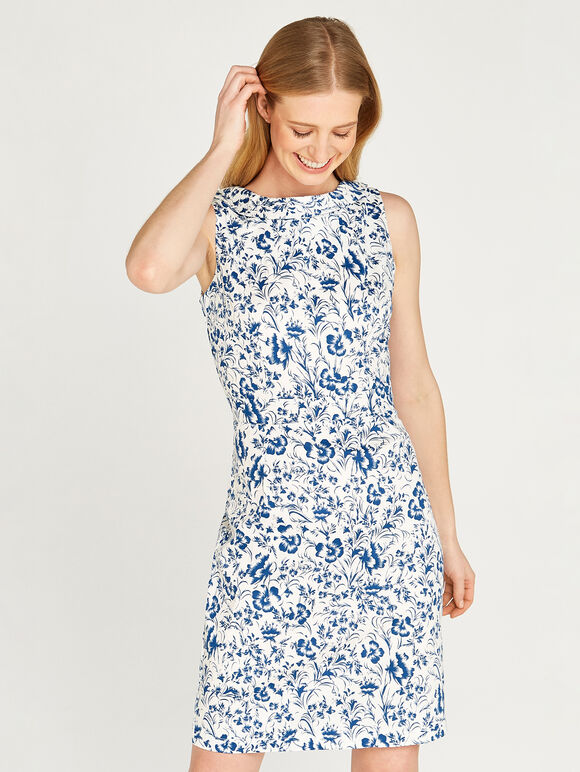 Oriental Floral Collared Dress, Cream, large