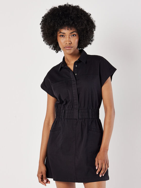 Utility Shirt Mini Dress, Black, large