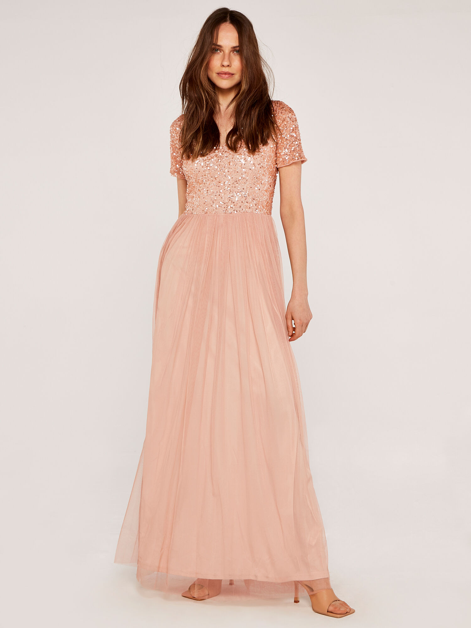Sequin Tulle Maxi Dress Apricot Clothing