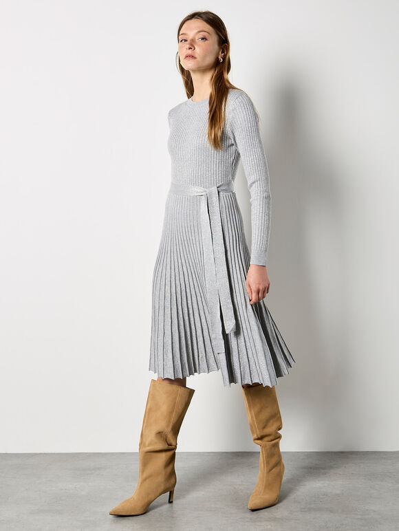 Belted Pleated Dress, Light Grey / Silver, large