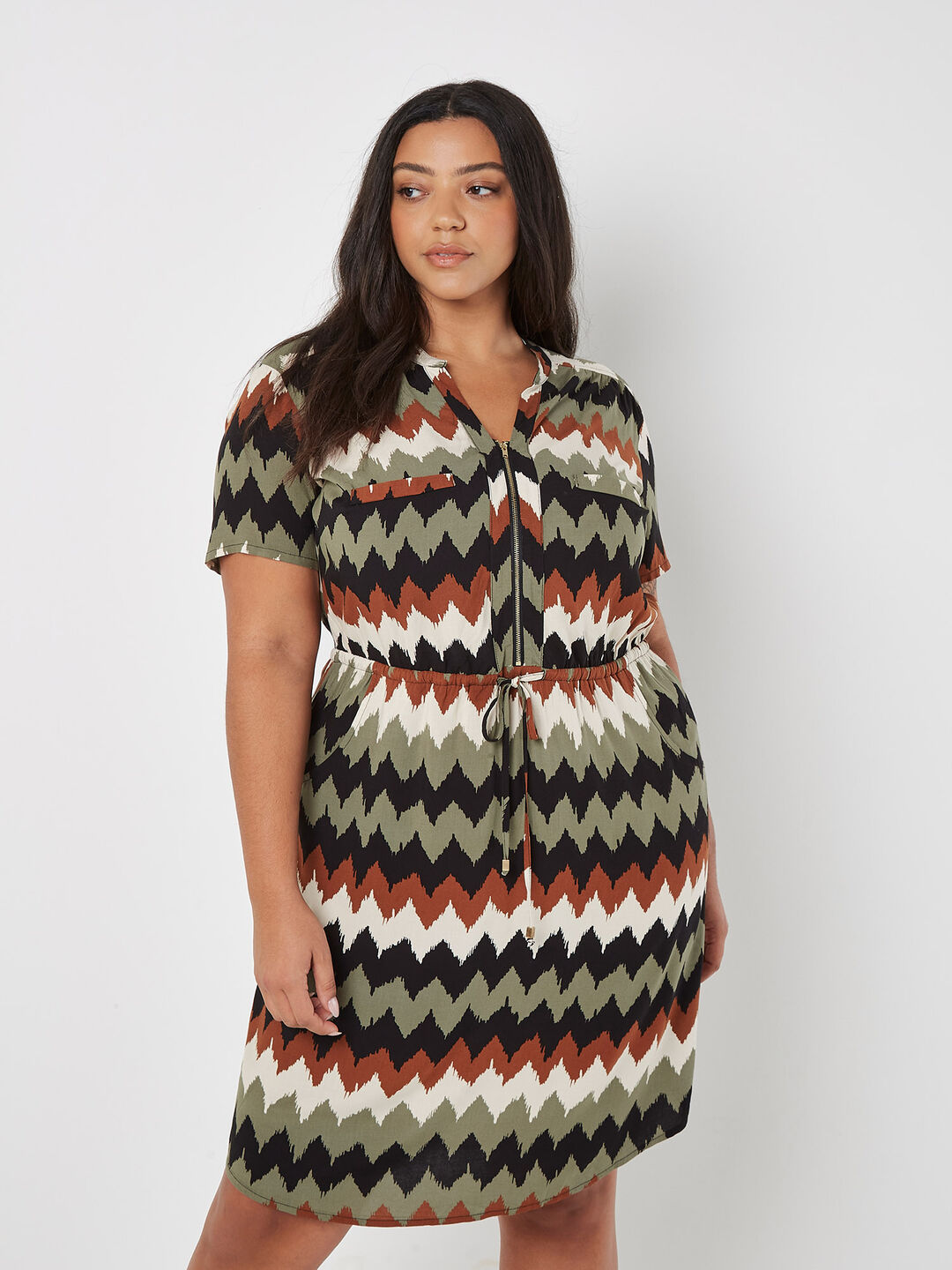 Image of Curve Chevron Drawstring Mini Dress